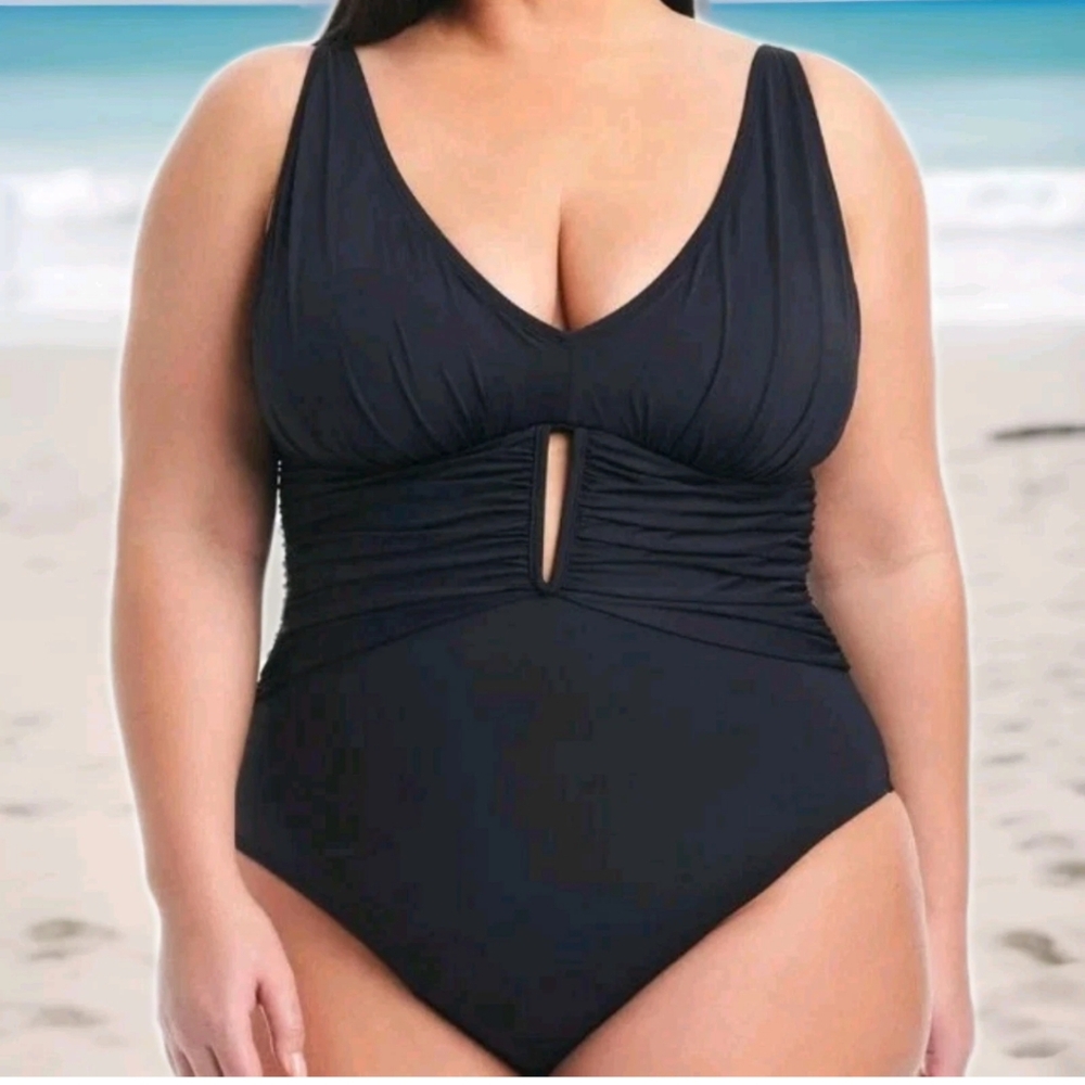Bleu Rod Beattie Ruched Swimsuit Woman Plus 20W Wireless Black Tummy Control Nwt